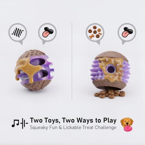 MECOOL 2PCS Durable Dog Chew Toys, Squeaky Chew Ball & Treat Dispensing Toy, Tough Nylon Ends & Natural Rubber for Aggressive Chewers, Interactive Puzzle Toys for All Breed Dogs,Bacon Flavored,Purple