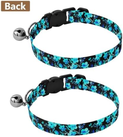 Watercolor Blue Turquoise Flowers Cat Collar Breakaway with Bell 2 Pack Cat Collar Adjustable Length 10.6" to 17.1"