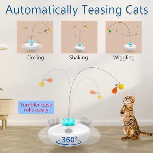 Oxawo Interactive Cat Toys Indoor Cats Toy Automatic Moving Feather Wand | Flying Feather Wobble Base Rechargeable Cat Toy, Extra Long Feather Wand Spin Cat Game & DIY Tails On