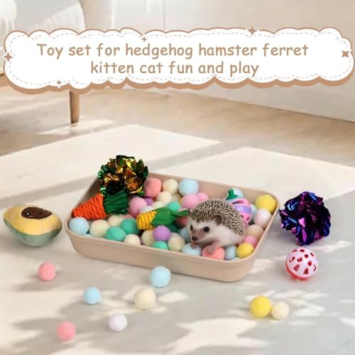 Hedgehog Accessories, Dig-Box Tray for Hedgehog Cage with Ball Toy, Small Animal Accessories Funny Dig-Box Tray Toys for Hedgehogs, Ball Bell Toy for Ferret Kitten Cat Hamster (Colorful)