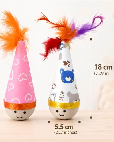 Wooden Wobble Cat Toy,Interactive Self-Righting Wobble Cat Toy with Feather
