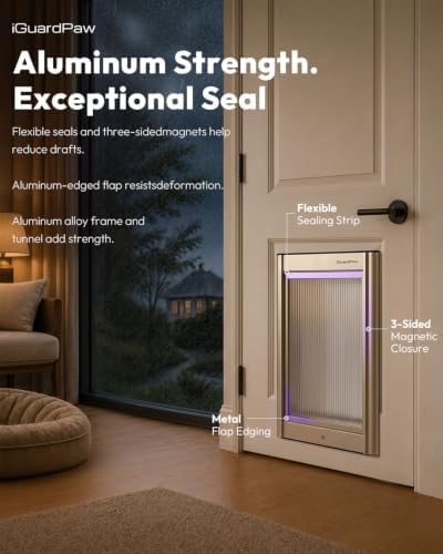 Automatic Dog Door for Door, Smart Dog Door with Collar Sensor, L | aluminum built, collar-activated, scheduled access, pet-only access, adjustable sensing range, anti-pinch, large, silver