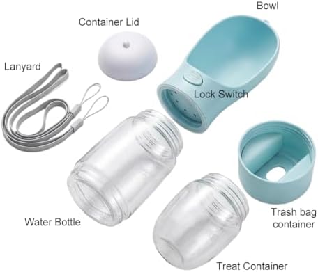 Dog Water Bottle with Food Container, Portable Dog Bowl, Travel Pet Blue