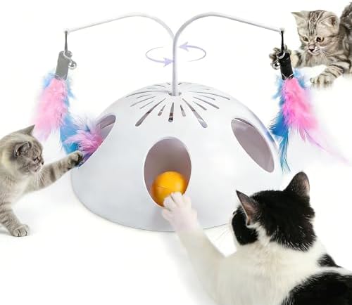 Cat Toys, Interactive Cat Toy for Indoor Cats, Automatic Interactive Kitten Toy, Fluttering Feather, Track Balls, Rotating Track Feather Enrichment Kitty Toys for Multi-cat Family (White)