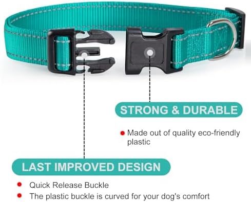 Reflective Dog Collar for a Small, Medium, Large Dog or Puppy with a Quick Release Buckle - Boy and Girl - Nylon Suitable for Swimming (Cyan, L)