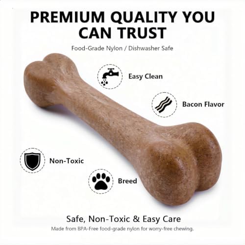 MECOOL Durable Nylon Dog Chew Toy – Classic Bone Shape, Bacon Flavored, Designed for Aggressive Chewers, Medium/Large Dogs, Promotes Dental Health & Fresh Breath