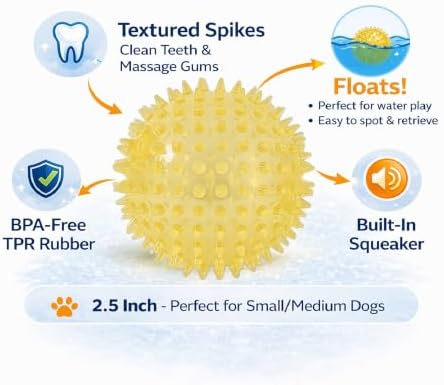 Squeaky Spiky Dog Ball for Teeth Cleaning & Gum Massage 2.5 Inch Small Medium Dogs Yellow | Spiny TPR Rubber Chew Toy for Fetch Play Interactive Bouncy Dental Ball Durable BPA Free Nontoxic Floats
