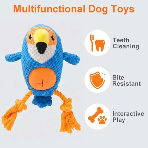 Blue Parrot Bird Dog Chew Toy, 11.0 in, Squeaker Rope Treat Toy