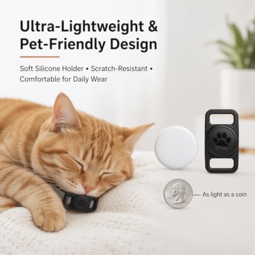 Smart Pet Location Tag with Holder – No Subscription, Compatible with Apple Find My (iOS Only), Lightweight Silicone Case, Clip-On Anti-Loss Accessory for Dog & Cat Collars, Bags (Black&White)