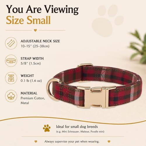 Soft Cotton Dog Collar Classic Plaid Pet Collars with Metal Clasp for Small Dogs with Sensitive Skin, Vintage Red