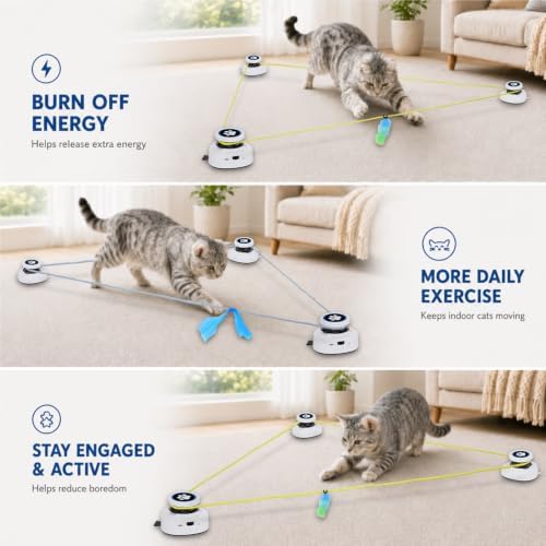 Automatic Cat Toy for Indoor Cats with Remote Control, Interactive Cat Chase Toy with Moving Feather Lure, DIY Floor Route Kit with Mouse Sound, Rechargeable Self-Play Toy