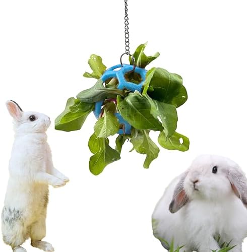 Rabbit Treat Ball Bunny Enrichment Toys with Stainless Steel Hanger Set, Veggie Feeding Rabbit Ball Toy for Bunny Squirrel Hedgehog Tortoise Guinea Pig Rabbits, Pets Treat Balls Accessories (Blue)