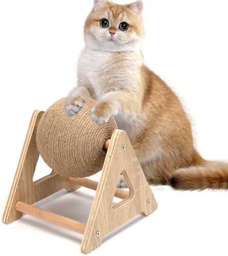 Outamateur Cat Scratcher Sisal Ball Toy, Sisal Scratching Ball with Stable Stand, Interactive Cat Exercise Toy, Interactive Play Toys for Kittens, Cats, Small Pets
