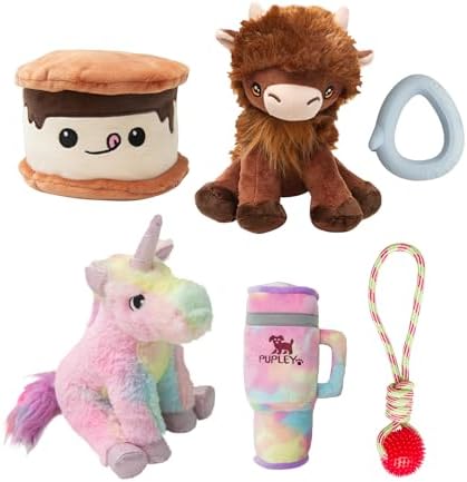 Snugarooz Toy Box Takeover for All Dog Breeds – Summer the Smore, Spike-O-Mite, Pupley, Nyland the Highland, Tye the Unicorn & Floating Penguin – Mixed Texture Playset