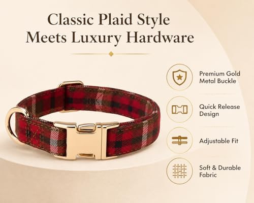 Soft Cotton Dog Collar Classic Plaid Pet Collars with Metal Clasp for Large Dogs with Sensitive Skin, Vintage Red