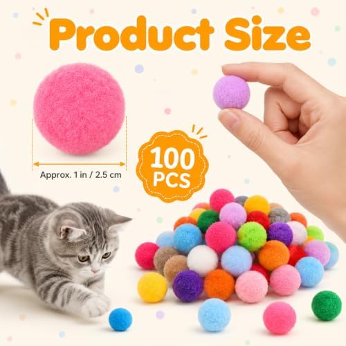 100 Pcs Cat Pom Pom Balls, 1 Inch Colorful Cat Toy Balls