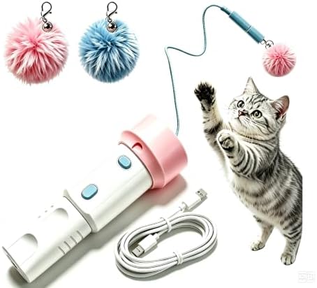 Electric Cat Toy Interactive Teaser - Tpye-C Charging Entertainment Toy for Kitten, One-Click Pop Out & Auto Retractable Cat Wand Toy with Soft Balls, Kitten Teaser Toys for Indoor Cats (White)