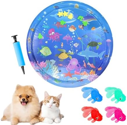 2026 Upgraded Cat Water Mat – 5-Layer Anti-Scratch Leak-Proof Sensory Play Mat for Indoor Cats, BPA-Free Cooling Water Pad, Interactive Enrichment Toy (S19, 100*100CM, 4 Fish + Pump Included)