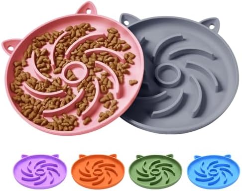 2Pcs Silicone Slow Feeder Cat Bowl,Puzzle Feeder,Interactive Toys,Slow Feeding cat Bowl Suitable for All Dry and Wet Foods,Easy to Clean Silicone Bowls(Grey and Pink)