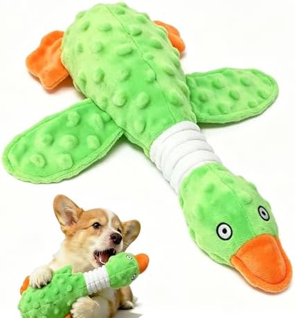 Squeaky Dog Toys for Aggressive Chewers, Durable Stuffed Animal Plush Dog Toy with Soft Fabric for Large, Medium & Small Dogs, Interactive Puppy Chew Toy for Teething, Crinkle Duck Dog Toy - Green