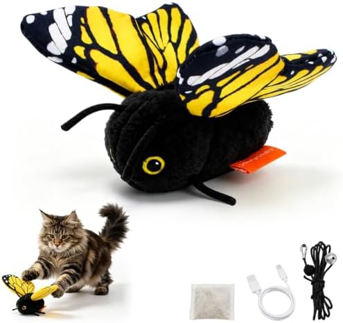 Smart Sensing Flapping Butterfly Toy Interactive Cat, Interactive Butterfly Cat Toy, Rechargeable Touch Activated Kitten Toy, Durable Plush Build for Bored Indoor Cats (Gold)