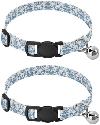 Royal Blue Floral Comfortable Cat Collar, 2 Pack Decorative Pet Collar with Bell