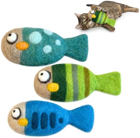 Woolbuddy Wool Cat Toys (Fish 3 PCS) Catnip-Free Kick Toys for Cats Kittens