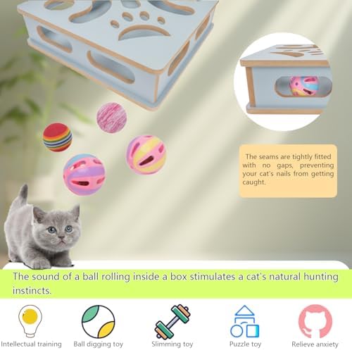 Interactive Wooden Cat Puzzle Toy Box Indoor Hunting Play Toy to Stimulate Your Cat’s Energy and Instincts (Blue)