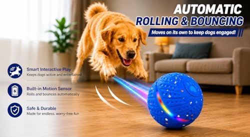 Blue Smart Interactive Dog Ball Toy for Small Medium Large Dogs – Automatic Rolling & Bouncing Ball with RGB Lights, E-TPU Chew Resistant Dog Toy for Indoor Play & Boredom Relief