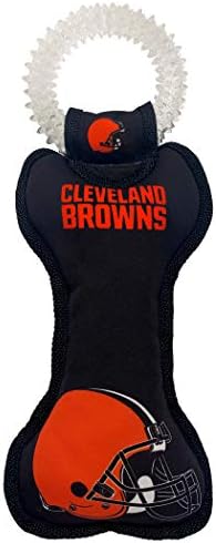 Pets First NFL Cleveland Browns Football Dental Tough Dog TUG Bone Toy with Built-in Squeaker Attached to a Safe Rubber Teething Toothbrush PET Toy, Team Color, 14 x 5 (CLE-3310)