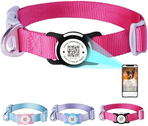 ADVENTUREMORE Airtag Dog Collar with Smart ID QR Code Airtags Holder: Prevents Dogs from Getting Lost at Night, Displays Owner and Pet Details. Waterproof, Durable, Adjustable, Thick-Rose-Medium