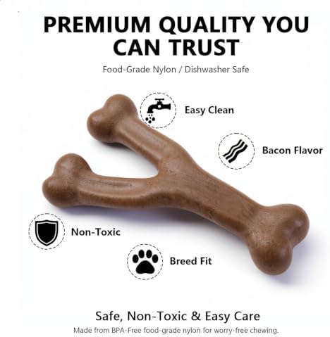 MECOOL Durable Nylon Dog Chew Toy – Bacon Flavored Y-Bone Shape for Aggressive Chewers, Tough Interactive Teething Bone for Medium Large Dogs, Long-Lasting Dental Chew Toy