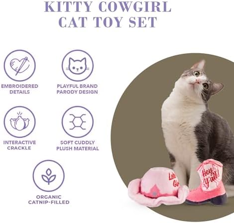 Haute Diggity Kitty Cowgirl Hat + Boot Set, Soft Plush Cat Toys