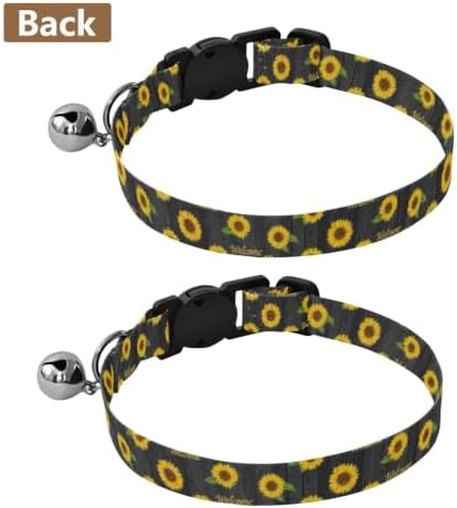 2 Pack Small Dog Collar Sunflowers Green Leaf Wood Cat Collars with Bell, Adjustable 10.6 to 17.1 Inches