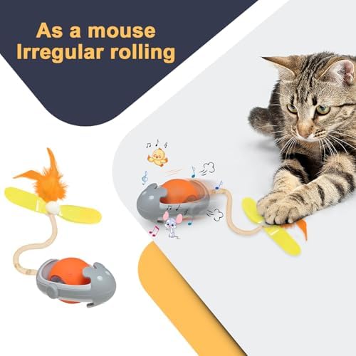 Interactive Cats Toys Ball, Newly IMAGINABLE Agile Mice Moving Ball, Mice&Bird Voice Attract, Elastic Mesh Tail, Automatic Kitten Toys, 2 Replacement Feather, for Bored Adult Indoor Cats