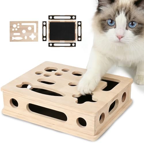 Cat Scratch Puzzle Enrichment Box, Wood Interactive Cat Toy with Sandpaper