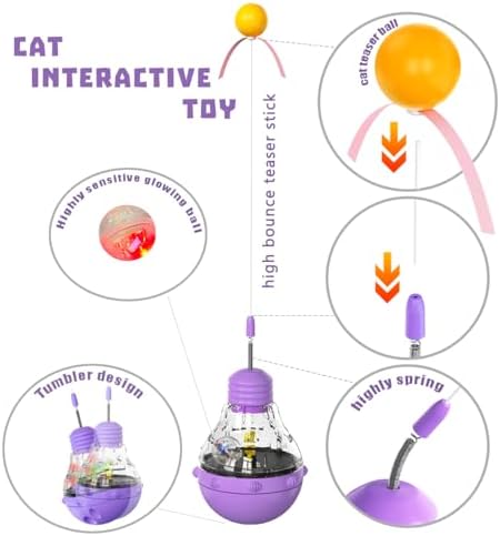 Cat Interactive Toy, Slow Food Dispenser Feeder, Tumbler Design with Teaser Wand & Glowing Ball, Funny Kitten Treats for Indoor Cats Exercise and Boredom Relief (Purple)