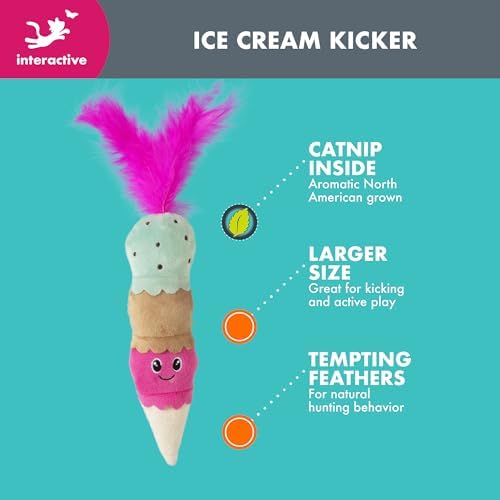 Quirky Kitty Ice Cream Kicker Catnip Crinkle Feather Soft Plush Cat Toy | Large Kicker Cat Toy for Bunny Kicks, Pouncing & Batting | Interactive Catnip Toy for Active Play