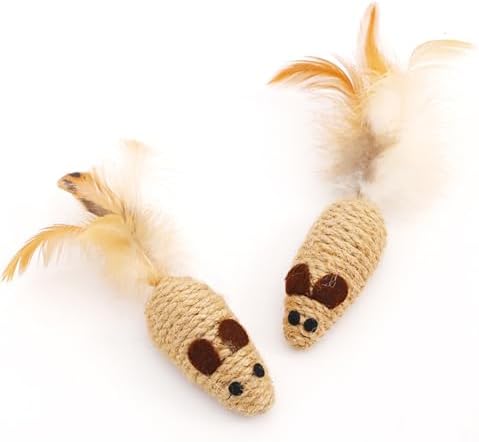 3 Pack Cat Mouse Toys with Feather Tail Rattling Noise Sound Natural Sisal Cat Toys Teeth Cleaning Dental Chew Toys Interactive Cat Mice Toy Mice Cat Toys for Indoor Cats Kittens Puppies
