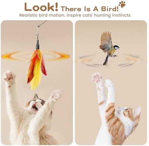 Pawaboo Cat Feather Wand Interactive Toy, 10 Feathers + 1 Wand with Bell