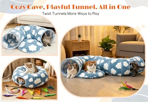 Cat Tunnel Bed with Toys – Large Collapsible Play Tube (Blue)