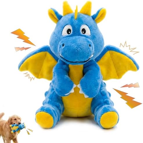 Squeaky Plush Dragon Dog Chew Toy - 8.3‘’X9‘’ Dog Toy for Small/Medium Dogs to Keep Pups Busy，Chewer Dog Toy with Crinkle Paper（Blue）
