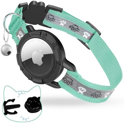 Breakaway AirTag Cat Collar, Reflective Cat Tracker Collar with Bell | Built in AirTag Holder, Adjustable 8.5-12in for Cats, Kittens and Puppies, Safety Elastic Band, Reflective for Night Walking