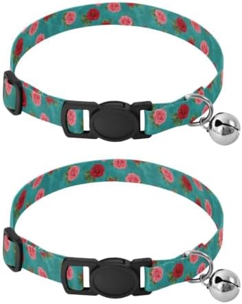 2 Pack Puppy Collar Roses Green Leaf Teal Kitten Collar with Bell, Adjustable Length 10.6" to 17.1"