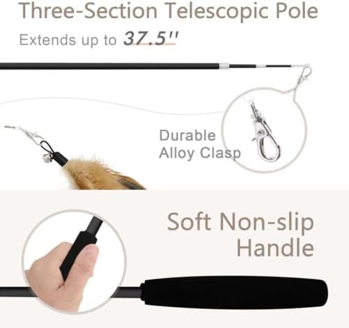 SONGWAY Interactive Cat Feather Toy Set - Retractable Teaser Wand with 6 Pcs Feather Refills with Bell, Cat Wand Toys for Indoor Cats Kittens Play Chase Exercise, Black