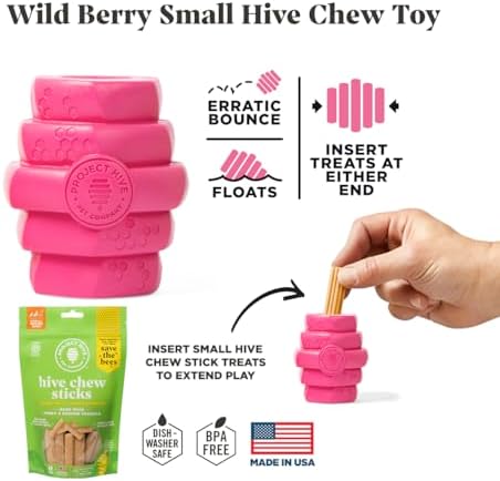 Hive Chew Toy for S/M Dogs – Pink/Wild Berry Scent – Chew, Fetch, & Treat-Dispensing Enrichment Toy, Floats, Made in USA, Pairs with Hive Chew Sticks for S/M Dogs for Longer-Lasting Play