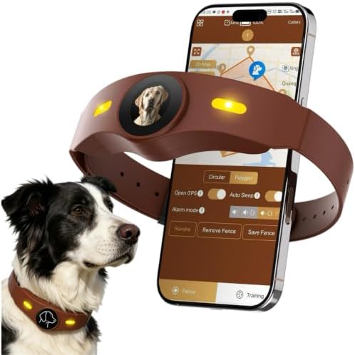 GPS Wireless Dog Fence Collar with Free App, Smart Portable Electric Dog Fence, 64-3280ft Adjustable Boundary, Rechargeable IP7 Waterproof, for Small Medium Large Dogs Outdoor Use (Brown)