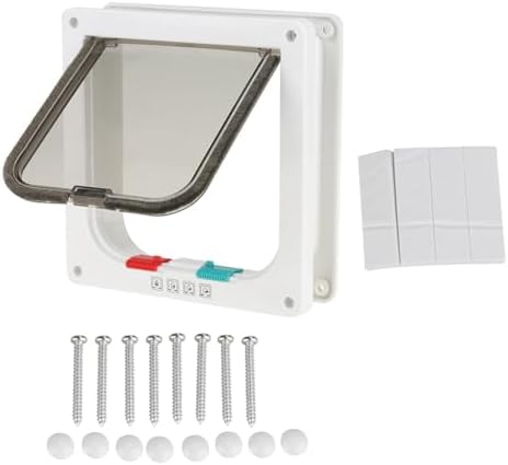 L 4-Way Lockable Pet Door for Cats and Small Dogs, DIY Install, Weatherproof Double Flap, White Plastic
