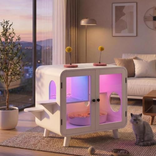 Smart Cat Litter Box Enclosure with RGB LED Light, TV-Stvle Cat Cabinet with Transparent Doors,Side Steps, Pom-Pom Toys,Indoor Pet House for Living Room,Bedroom(30.7"*23.6"*28",White)