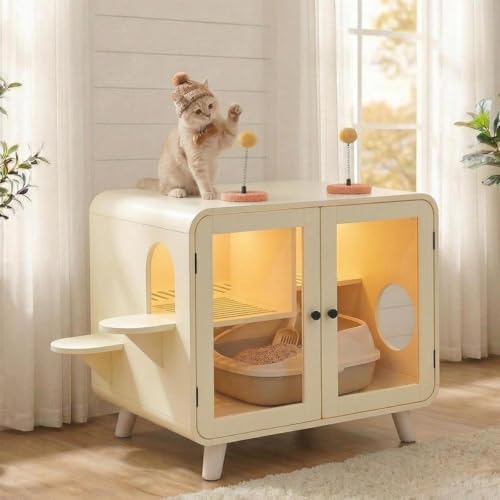 Smart Cat Litter Box Enclosure with RGB LED Light，TV-Style Cat Cabinet with Transparent Doors,Side Steps,Pom-Pom Toys,Indoor Pet House for Living Room,Bedroom(30.7"*23.6"*28",Beige)